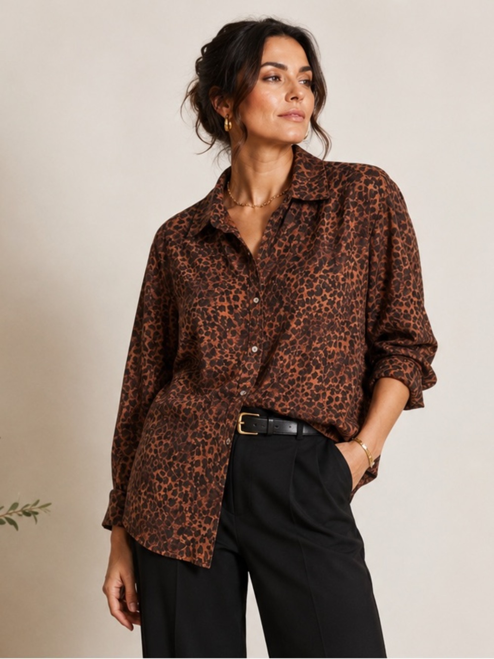 Vintage Y2K Brown Leopard Peachskin Satin Lined Button Down Shirt L